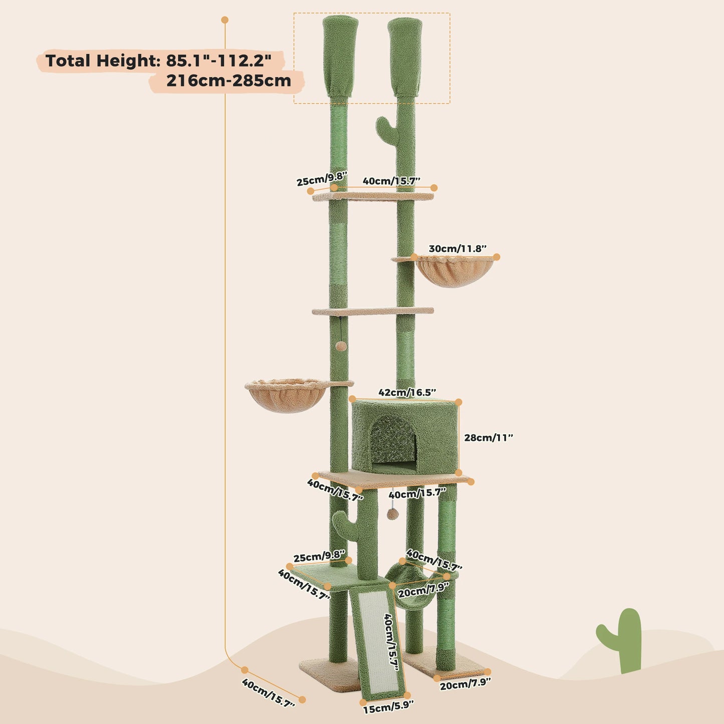 PAWZ Road Cactus Cat Tree Floor To Ceiling Tiers Hammocks
