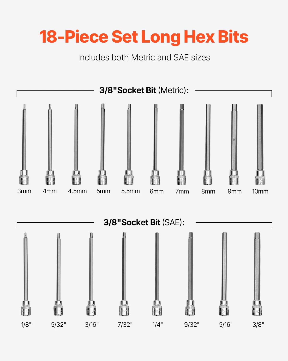 SucceBuy Extra Long Allen Hex Bit Socket Set 18 Piece S2 Alloy CrV Steel