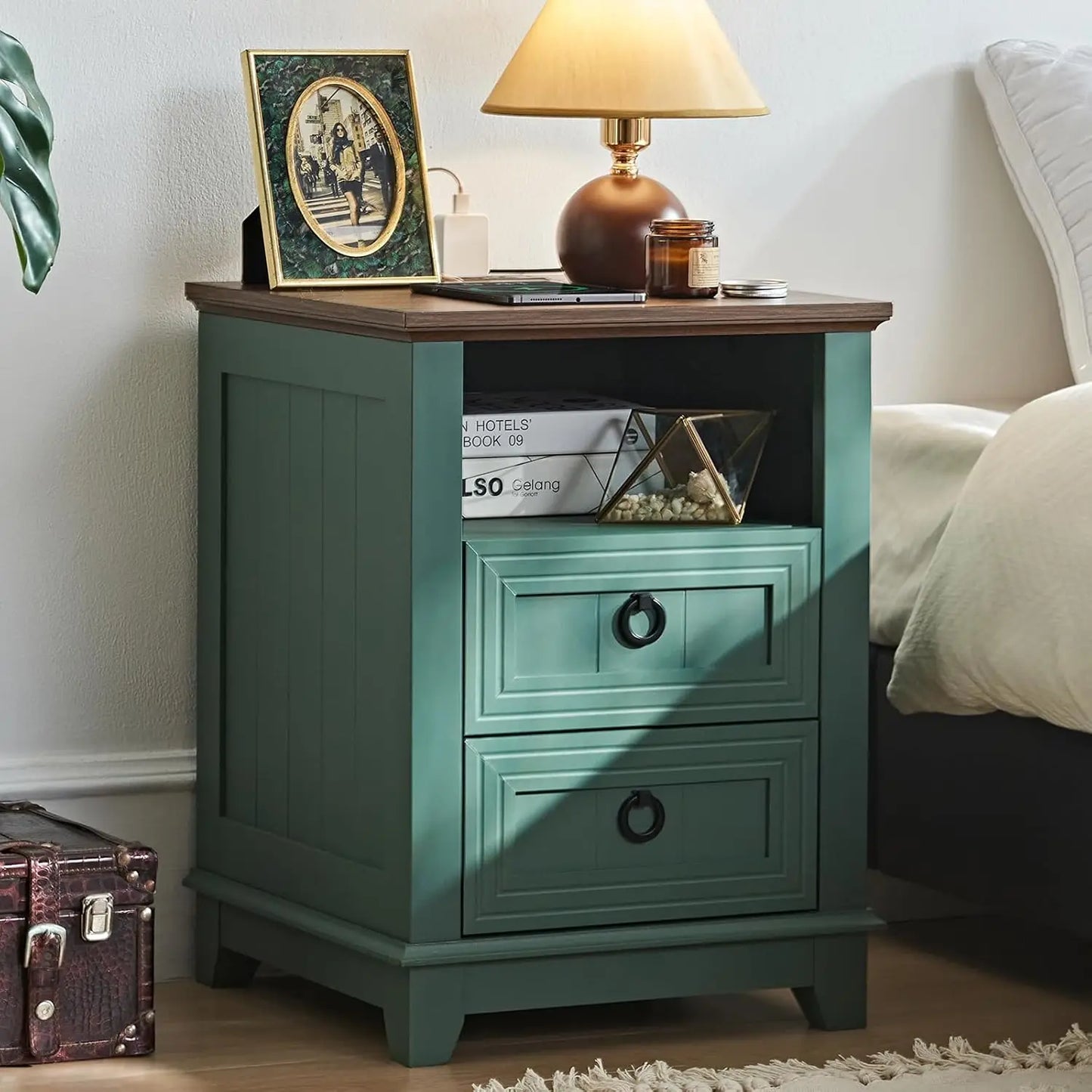Farmhouse Night Stands Set of 2 With Charging Station and 2 Drawers