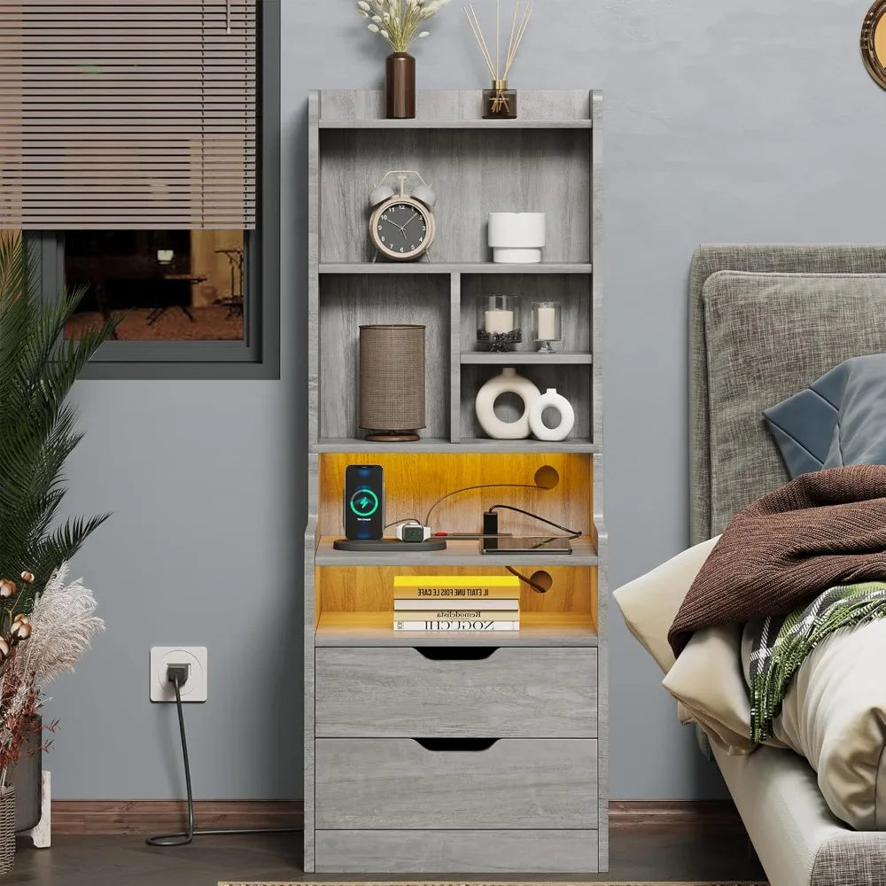Nightstand Set With Charging Station Bookshelf and Led Lights