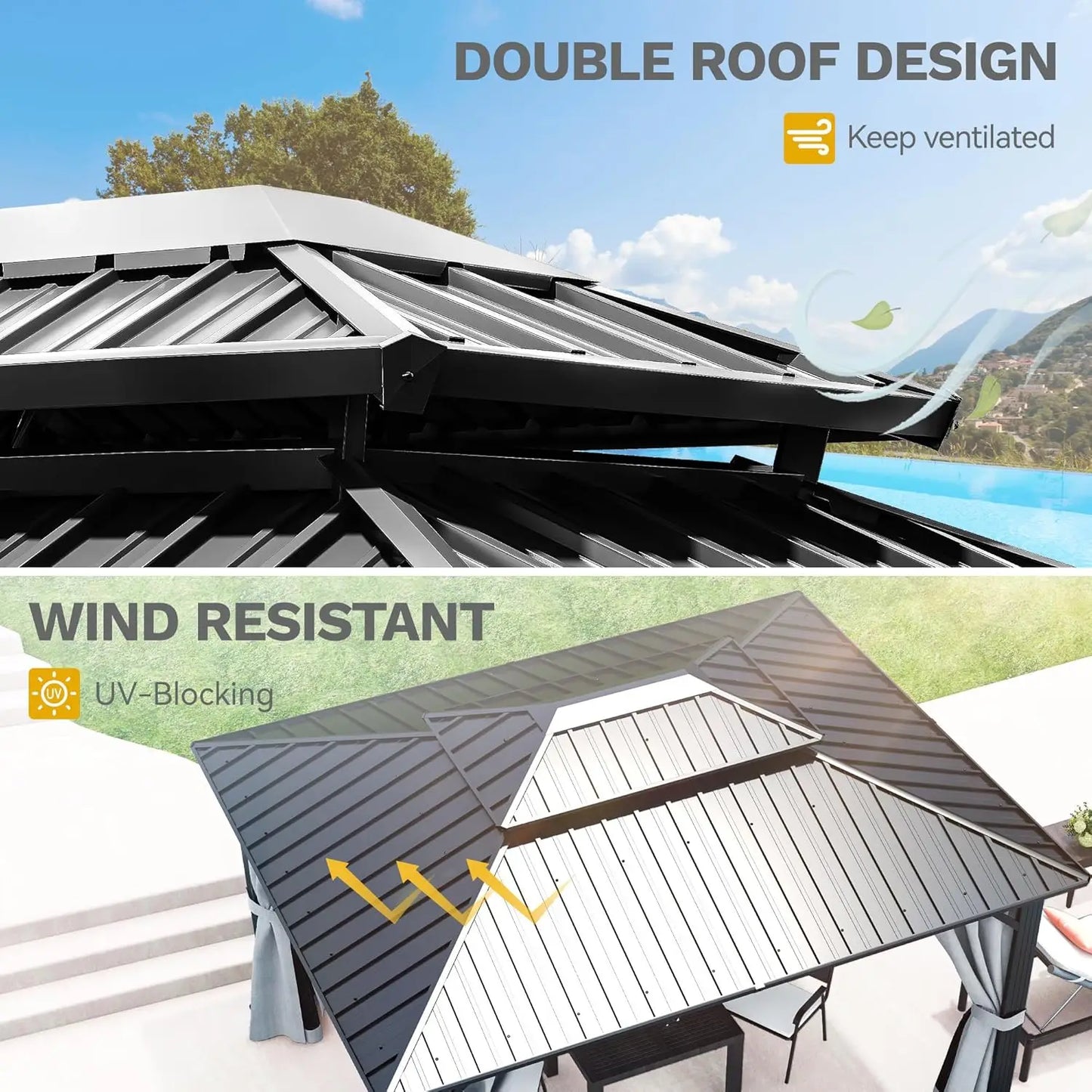 10x12ft Hardtop Gazebo Double Roof with Nettings and Curtains, Heavy Duty Galvanized Steel Outdoor Vertical Stripes Roof for Pat
