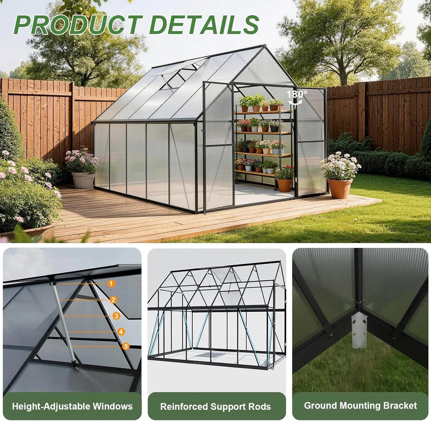 Heavy Duty Aluminum Frame Polycarbonate Greenhouse With Adjustable Roof Vent
