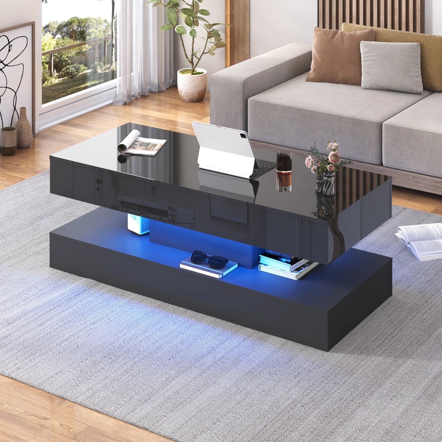 QiaoShiRen High Glossy LED Coffee Tables With Open Display Shelf