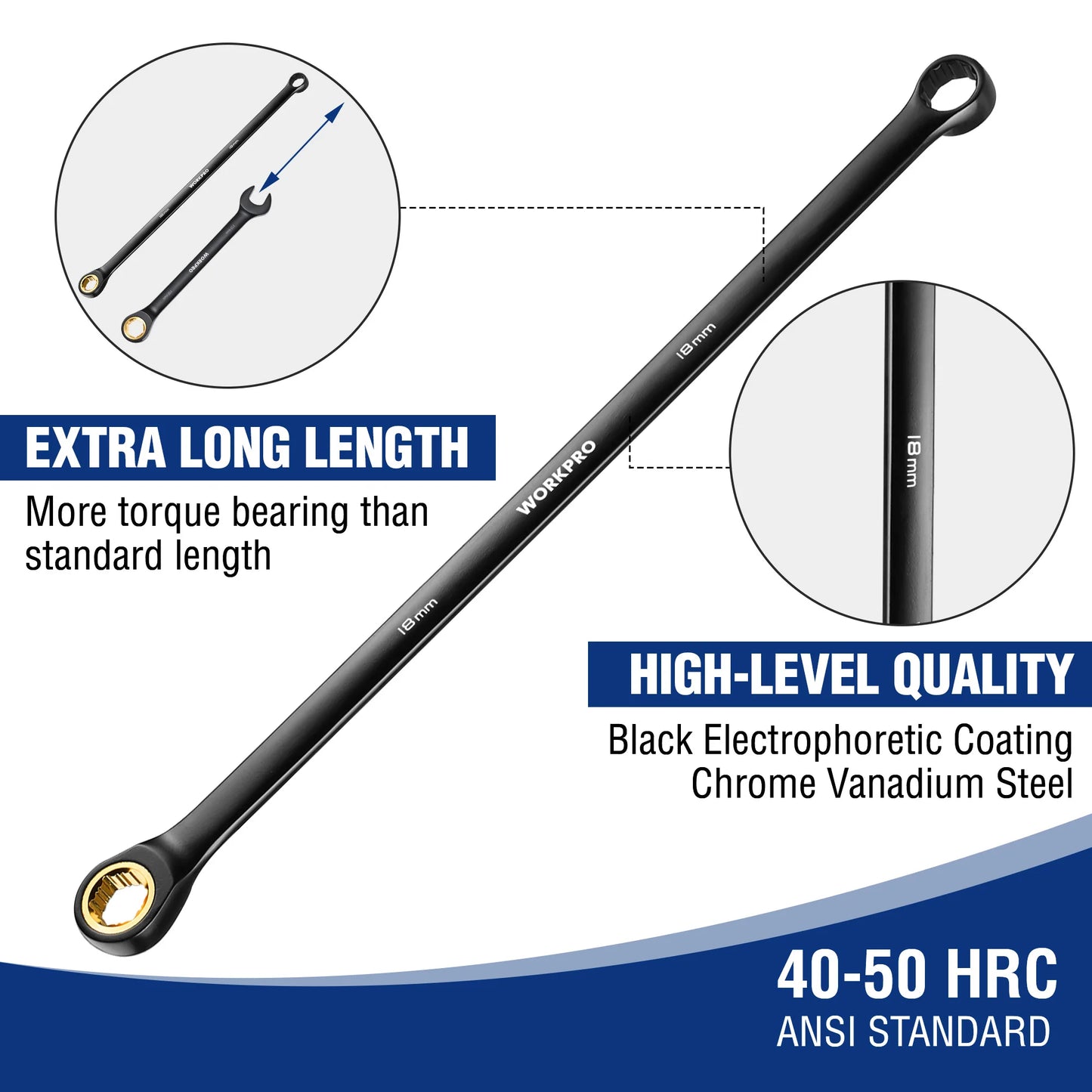 WORKPRO Extra Long Ratcheting Wrench Set CrV Steel