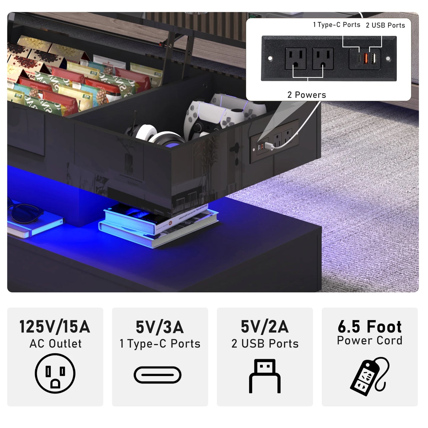 QiaoShiRen High Glossy LED Coffee Tables With Open Display Shelf