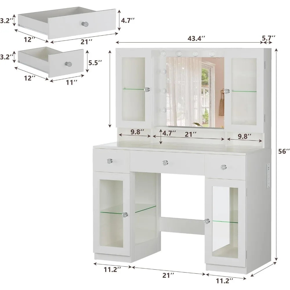 Vanity Desk With Mirror And RGB Lights Glass Top Cabinets And Drawers