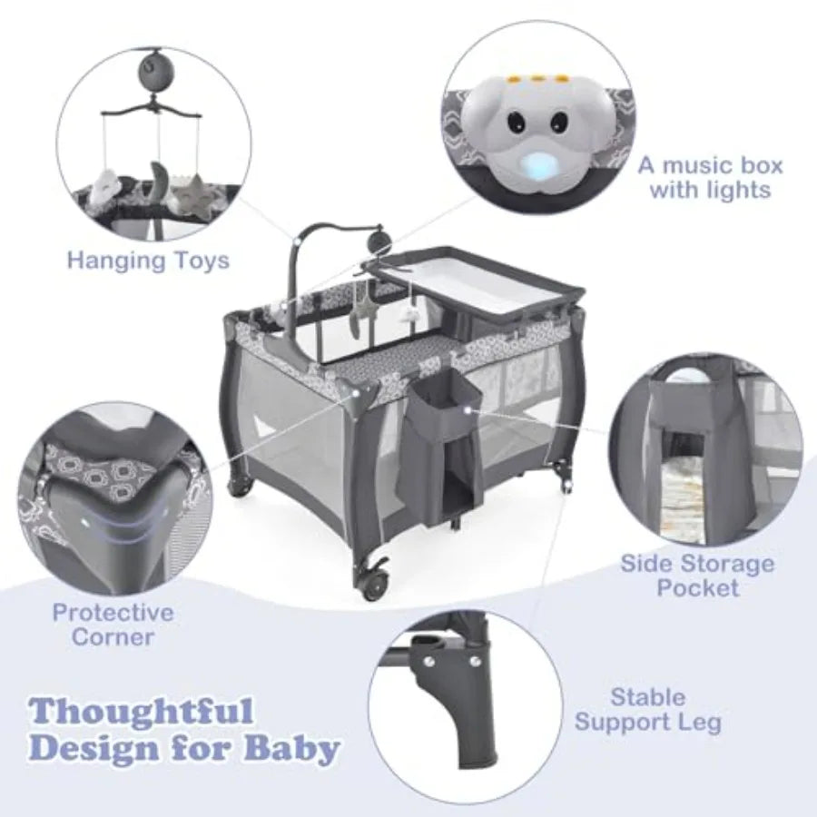 3 In 1 Pack And Play Portable Baby Crib Bassinet With Detachable Mattress
