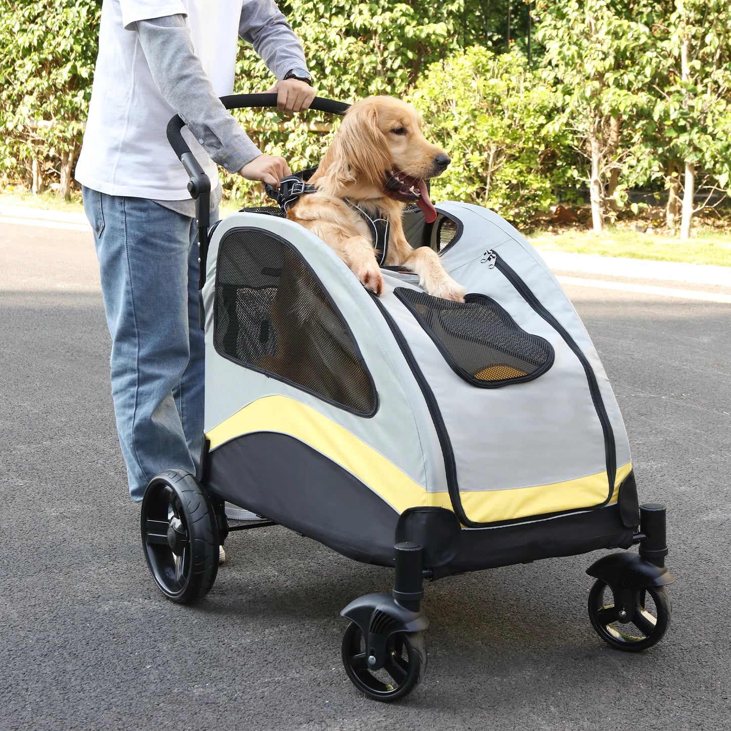 Portable Four Wheel Dog Stroller Foldable Carrier For Large Dogs