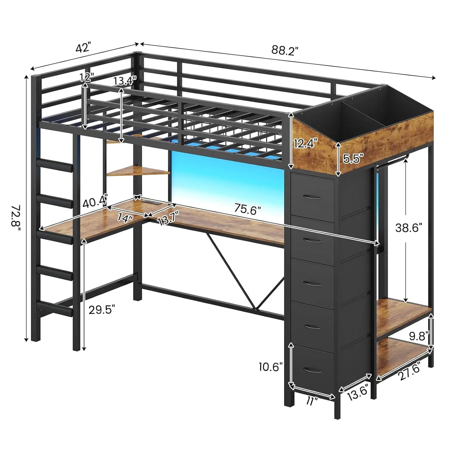 Loft Bed With Hall Tree And Desk LED Lighting System