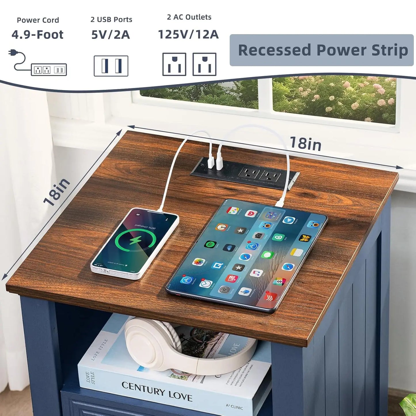 Farmhouse Night Stands Set of 2 With Charging Station and 2 Drawers