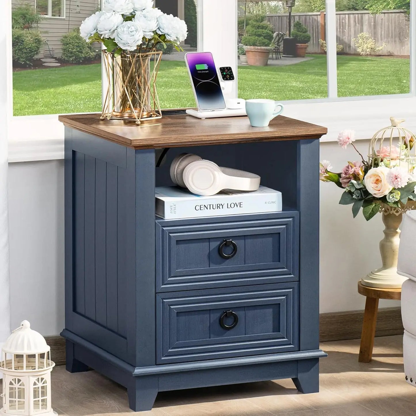 Farmhouse Night Stands Set of 2 With Charging Station and 2 Drawers