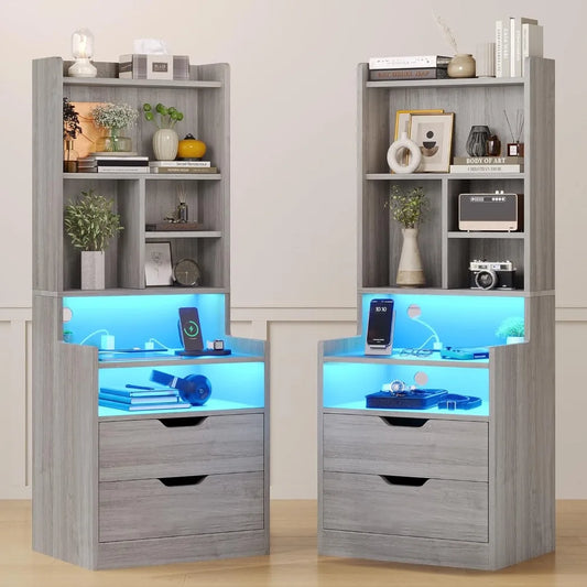Nightstand Set With Charging Station Bookshelf and Led Lights