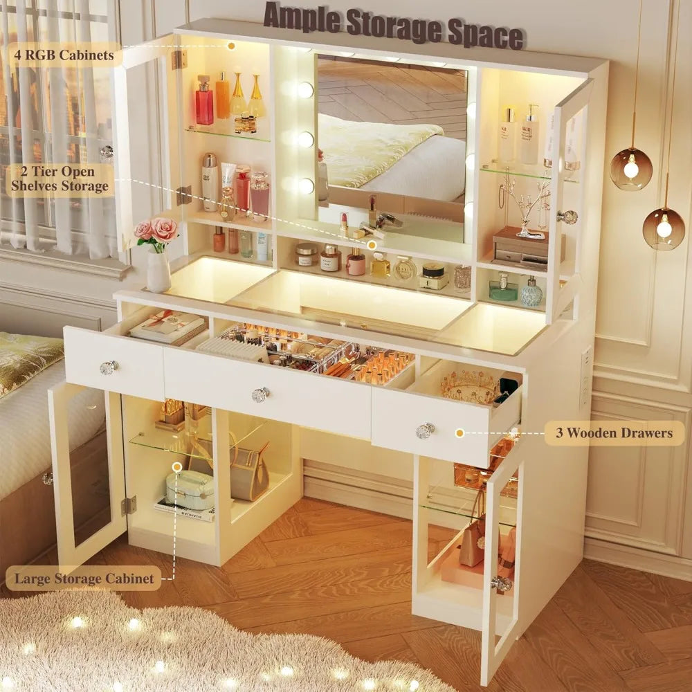 Vanity Desk With Mirror And RGB Lights Glass Top Cabinets And Drawers