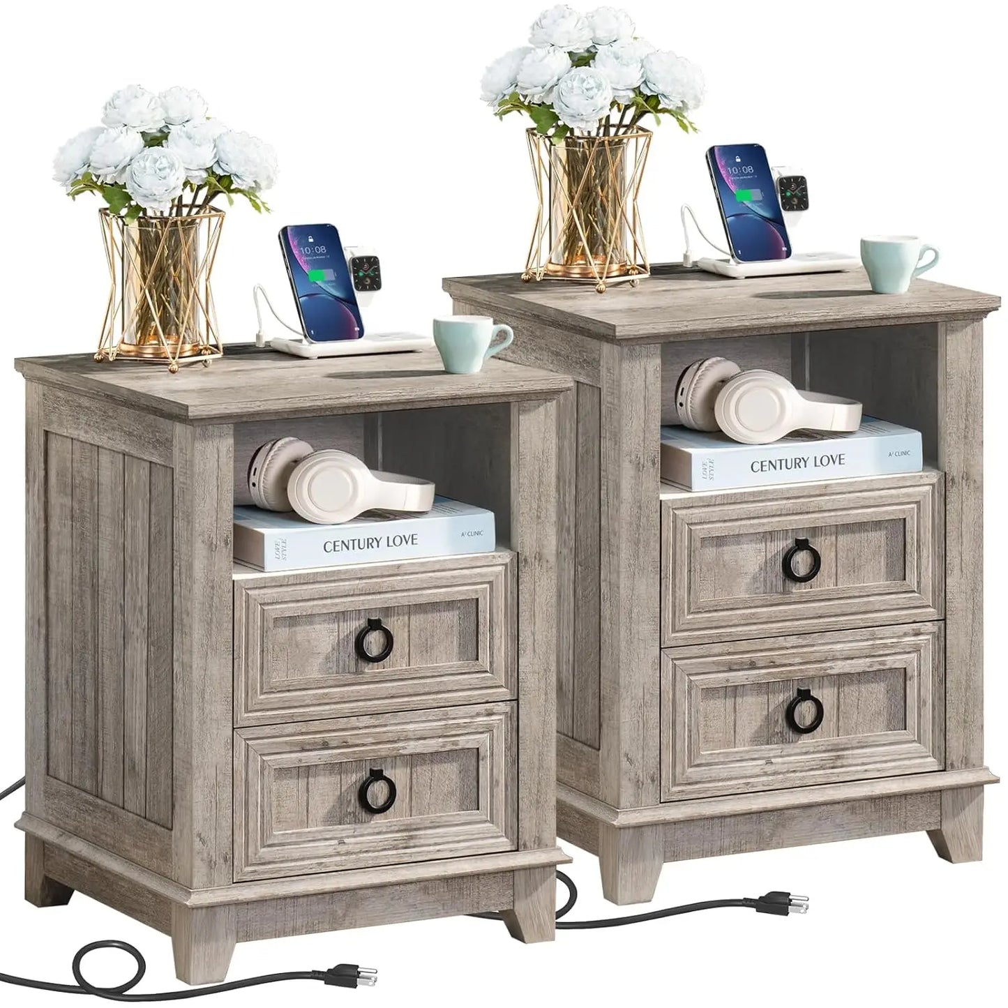 Farmhouse Night Stands Set of 2 With Charging Station and 2 Drawers