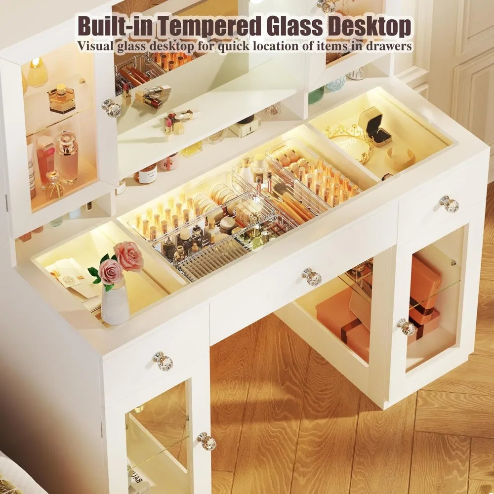 Vanity Desk With Mirror And RGB Lights Glass Top Cabinets And Drawers