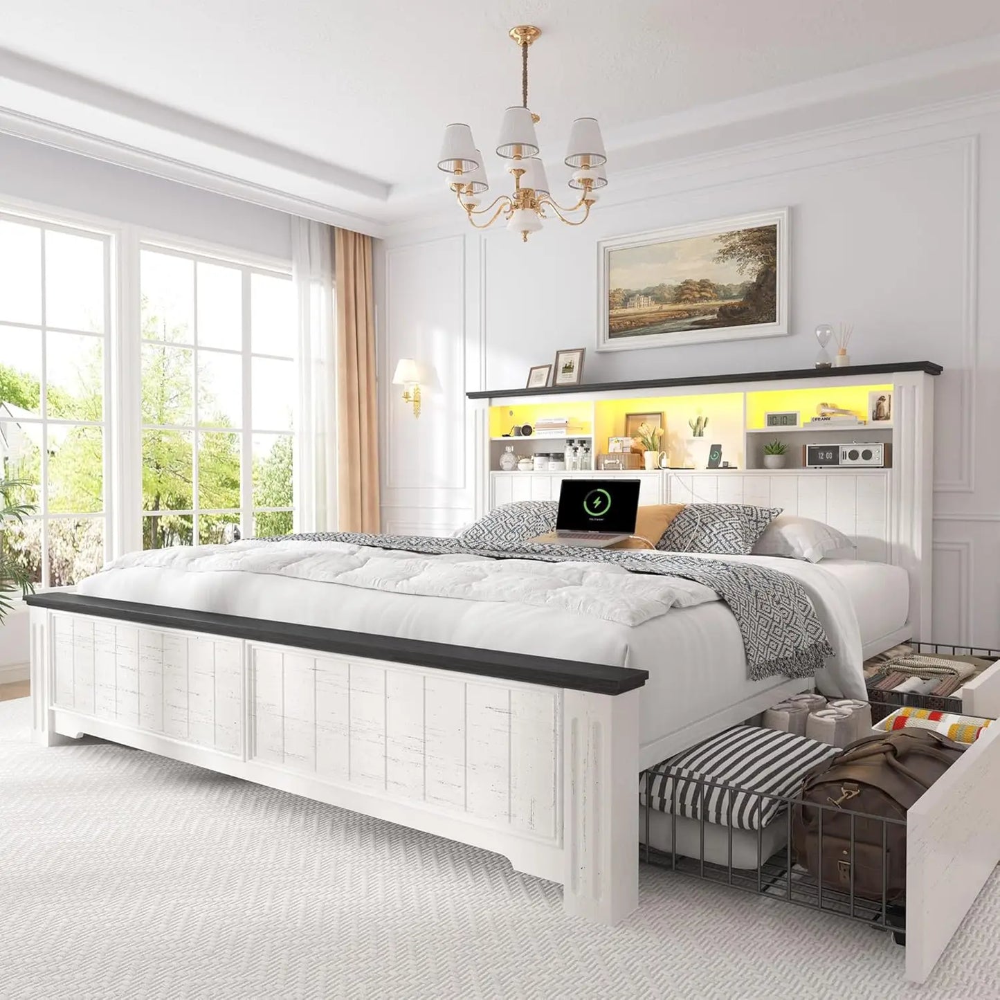 Queen Bed Frame With Headboard And Storage USB LED Lighting