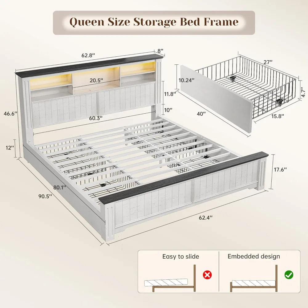 Queen Bed Frame With Headboard And Storage USB LED Lighting