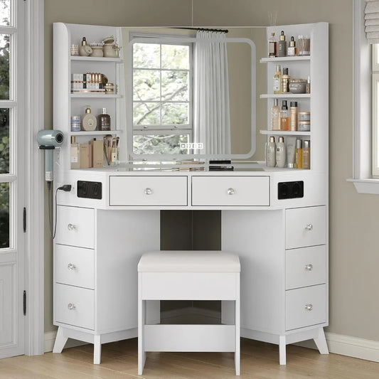Corner Vanity Desk Bluetooth Speaker 8 Drawers And 6 Shelves