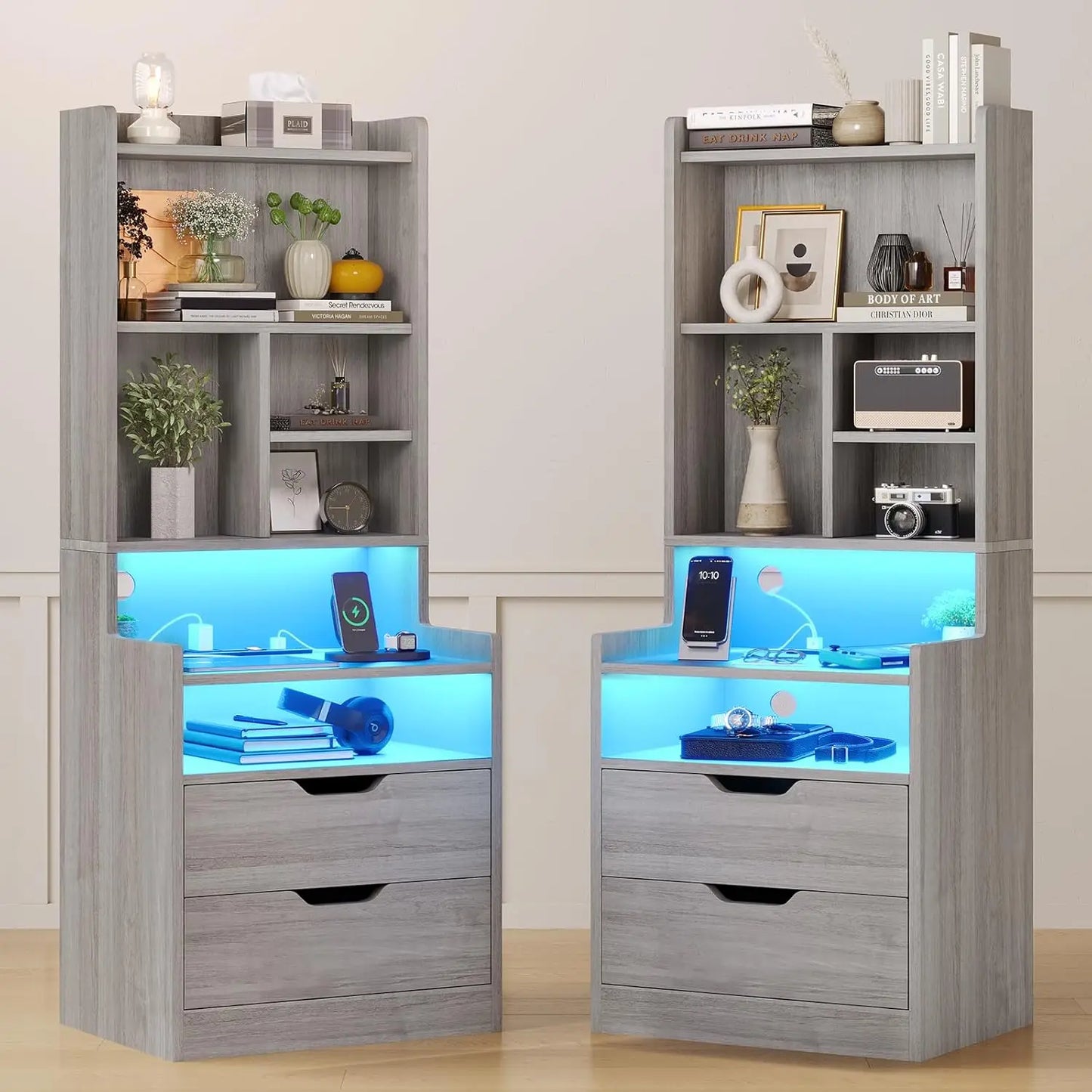 Nightstand Set With Charging Station Bookshelf and Led Lights