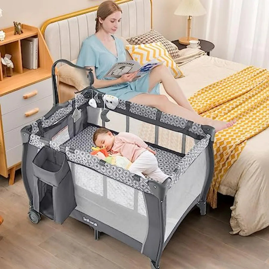 3 In 1 Pack And Play Portable Baby Crib Bassinet With Detachable Mattress