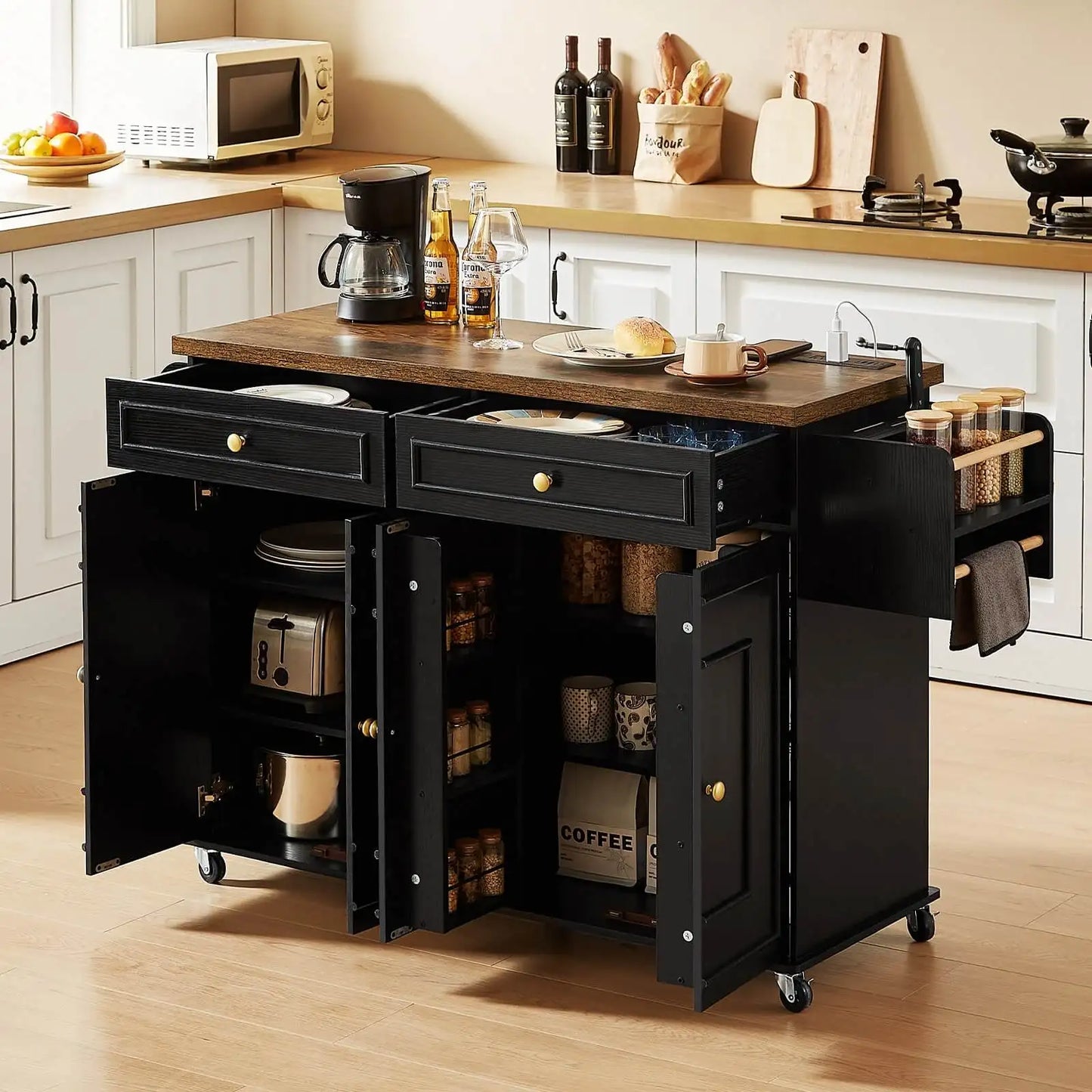 Mobile Kitchen Island Cart With Drop Leaf Outlet Spice Rack