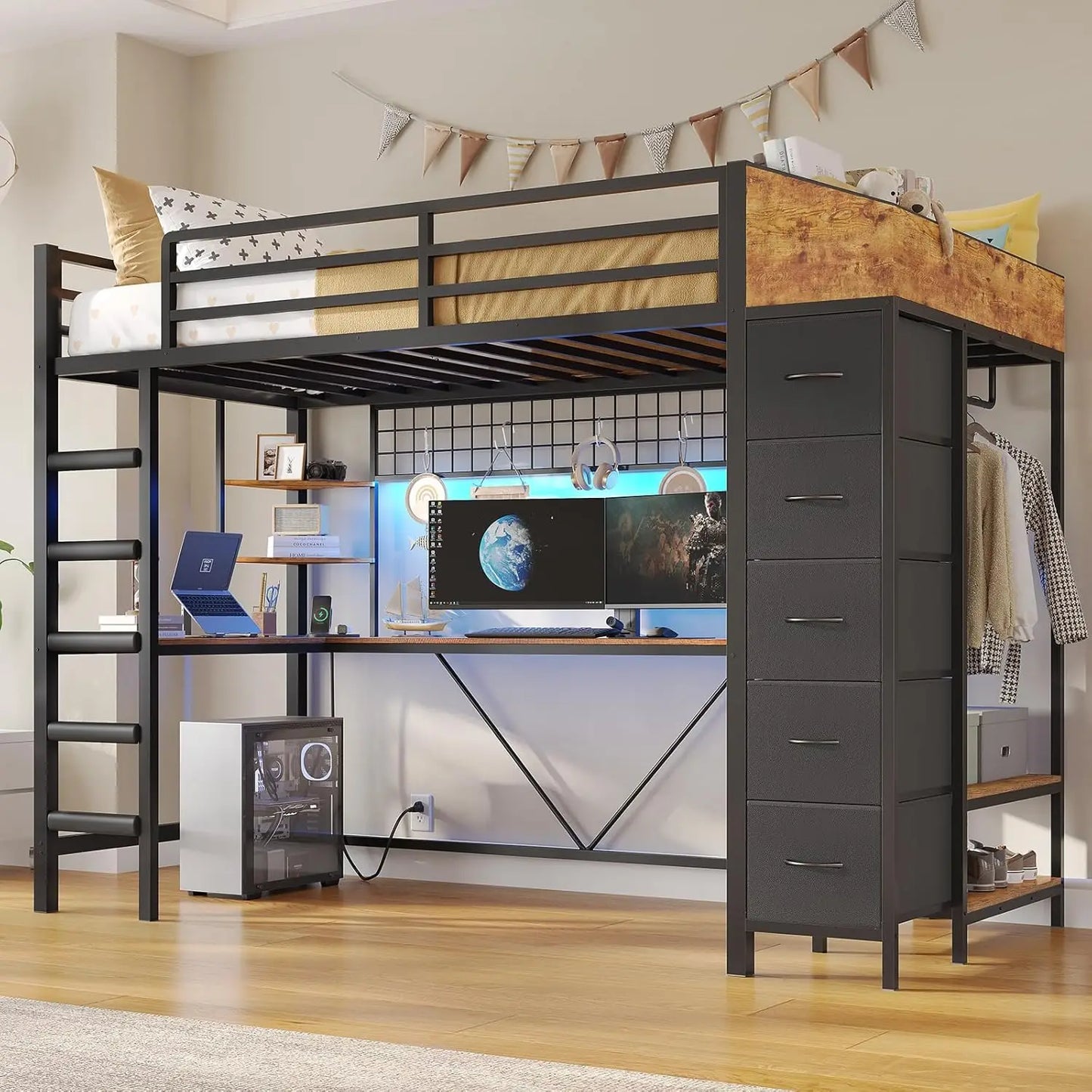 Loft Bed With Hall Tree And Desk LED Lighting System