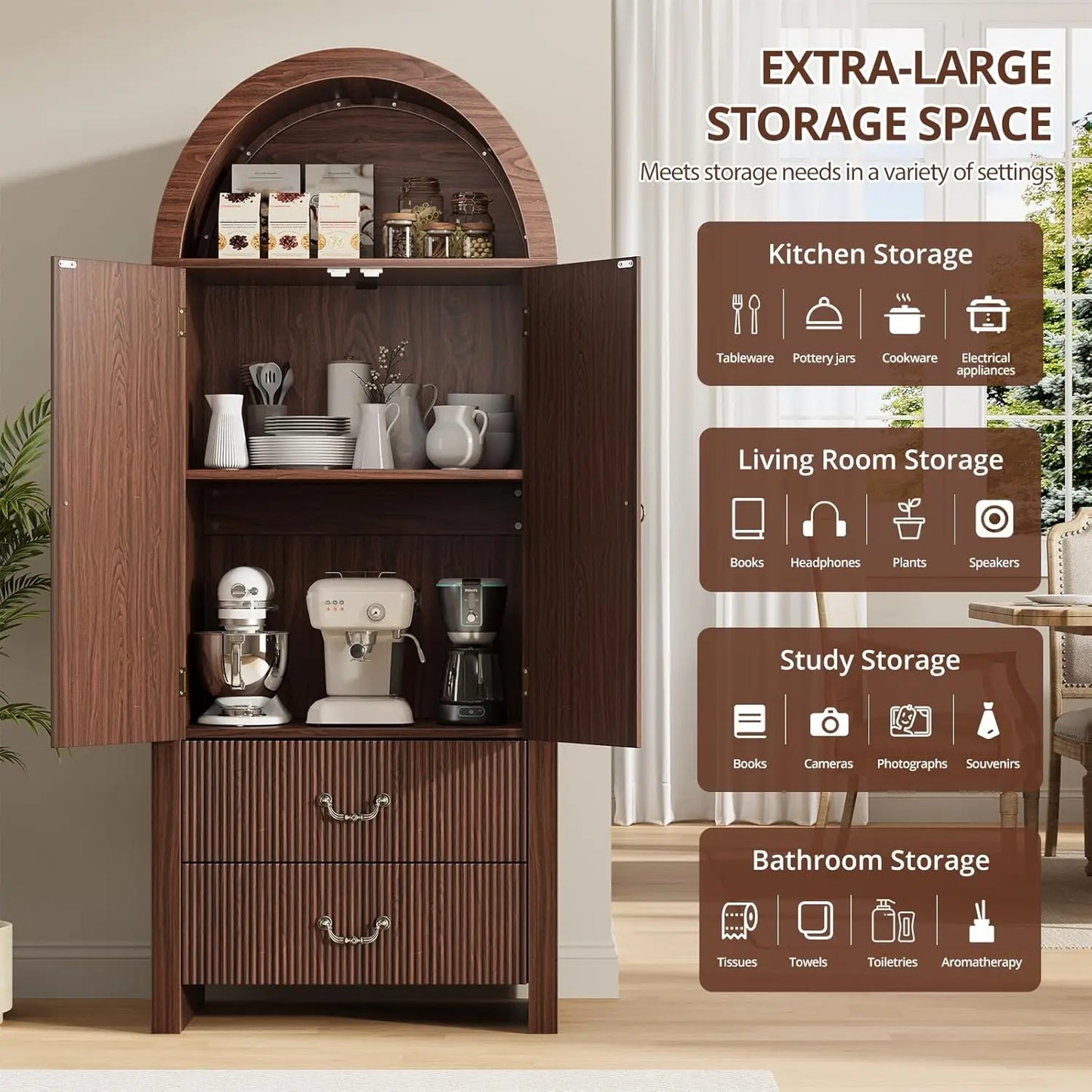 Arched Tall Kitchen Pantry Cabinet With Two Drawers And Shelves