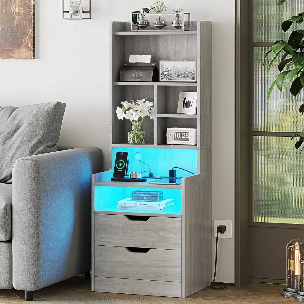 Nightstand Set With Charging Station Bookshelf and Led Lights