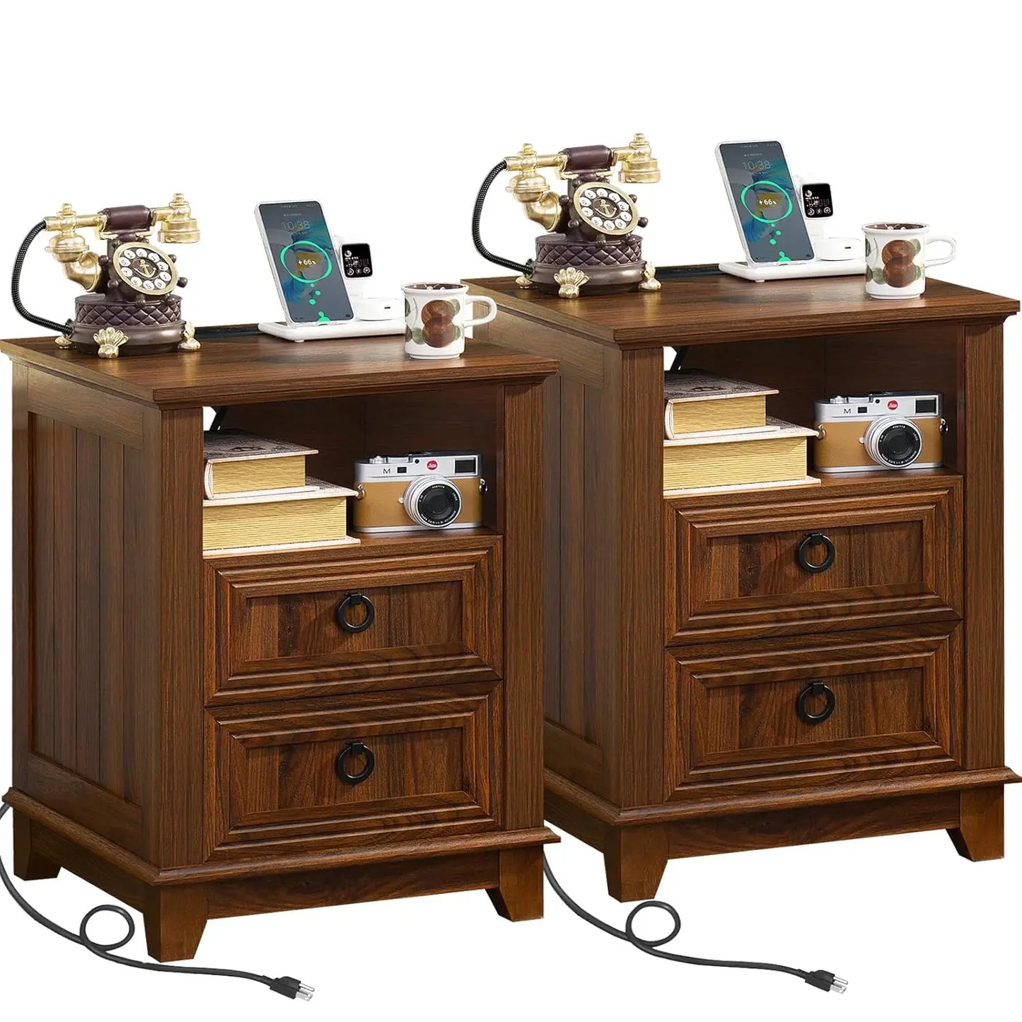 Farmhouse Night Stands Set of 2 With Charging Station and 2 Drawers