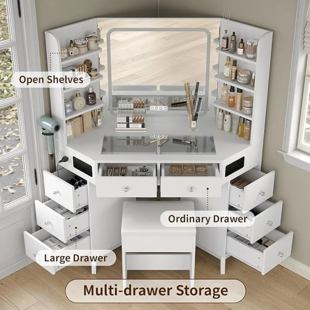 Corner Vanity Desk Bluetooth Speaker 8 Drawers And 6 Shelves