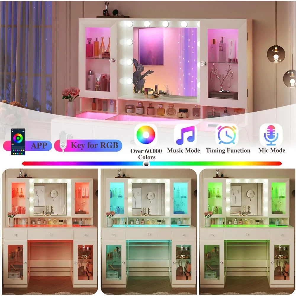 Vanity Desk With Mirror And RGB Lights Glass Top Cabinets And Drawers