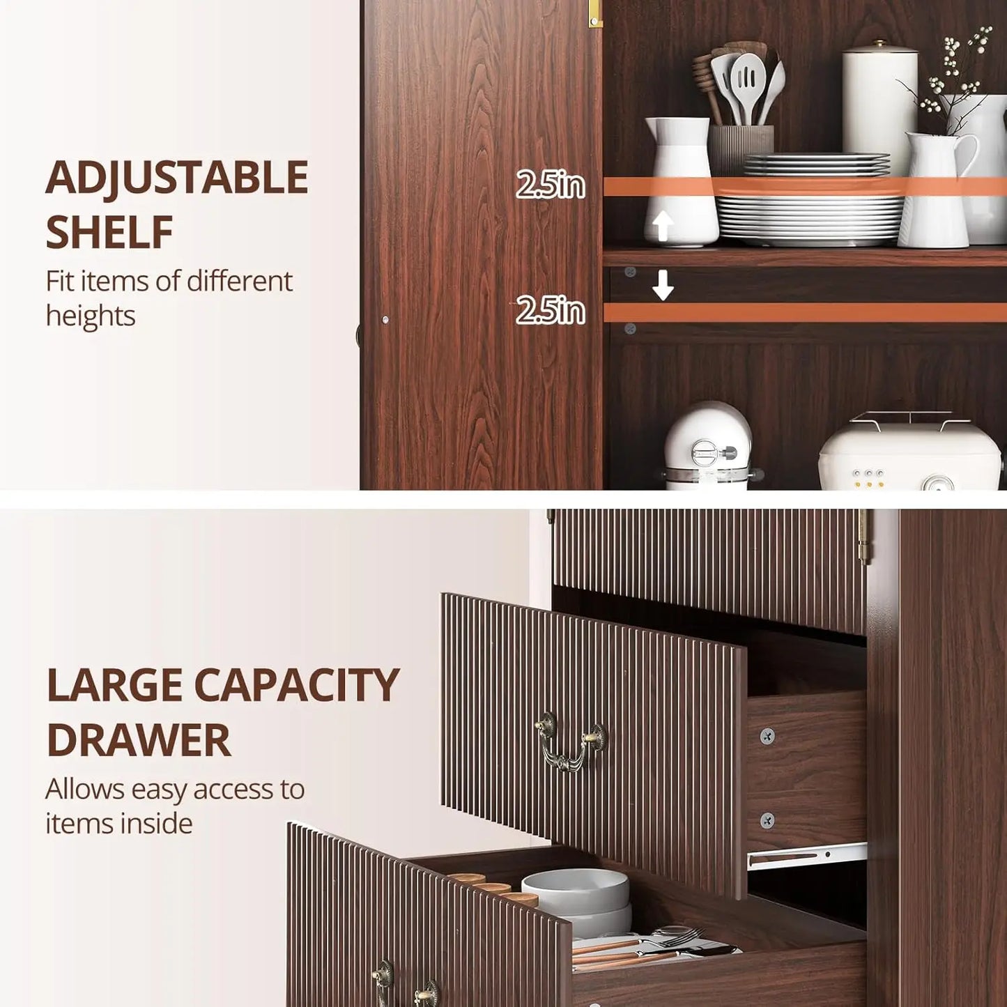 Arched Tall Kitchen Pantry Cabinet With Two Drawers And Shelves