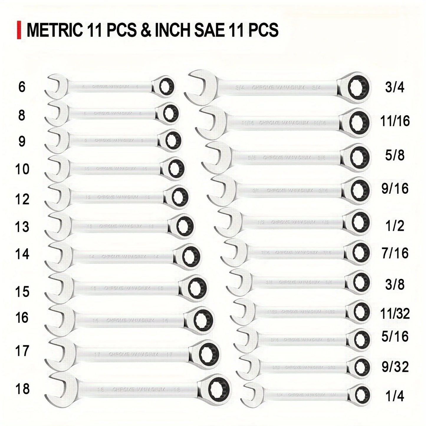 Ratcheting Wrench Set 22 Pieces SAE And Metric Wrenches