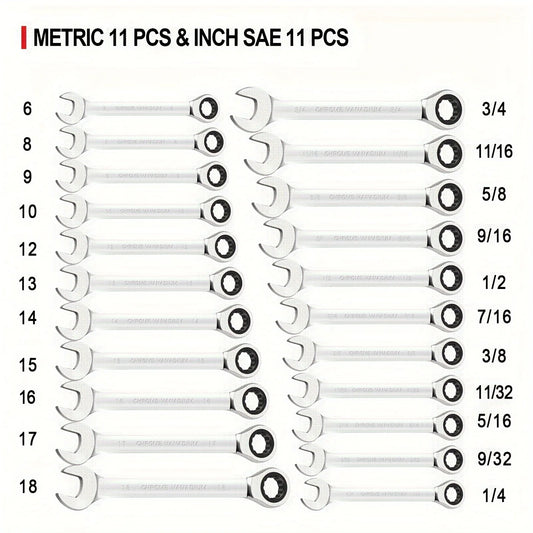 Ratcheting Wrench Set 22 Pieces SAE And Metric Wrenches