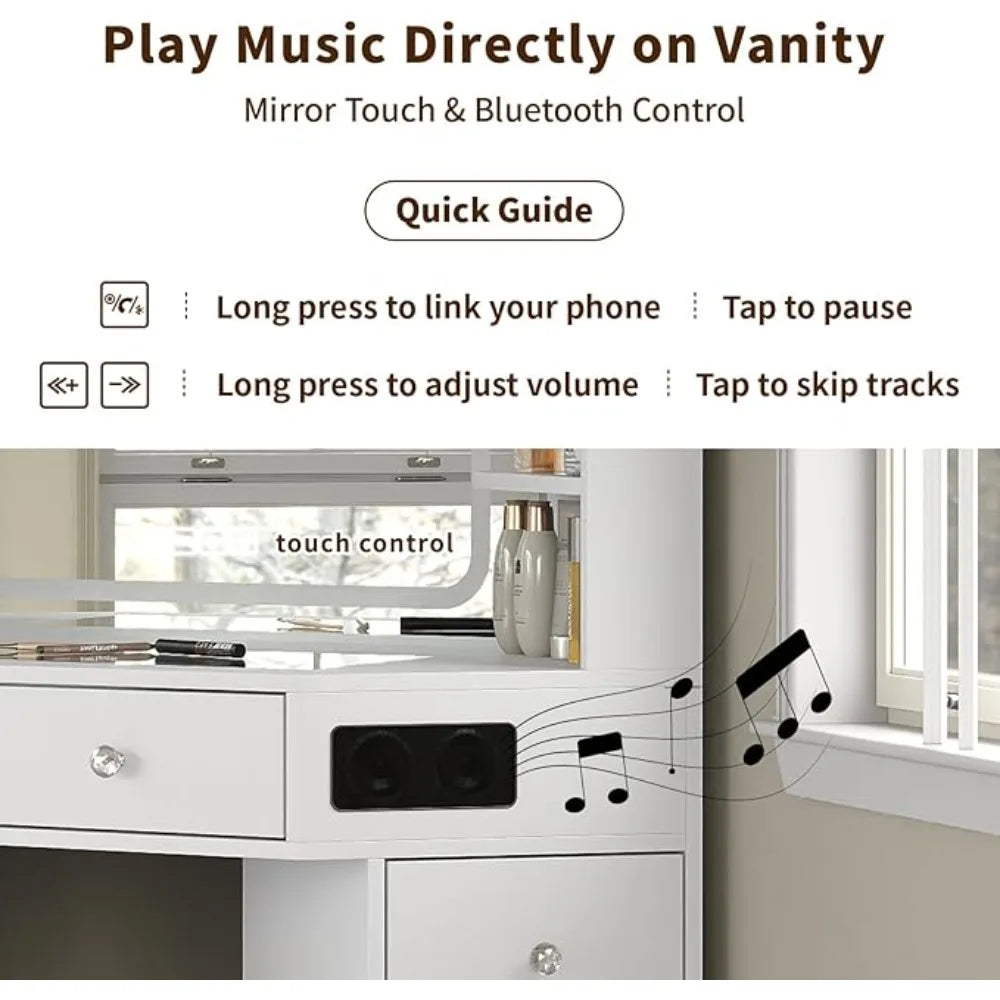 Corner Vanity Desk Bluetooth Speaker 8 Drawers And 6 Shelves
