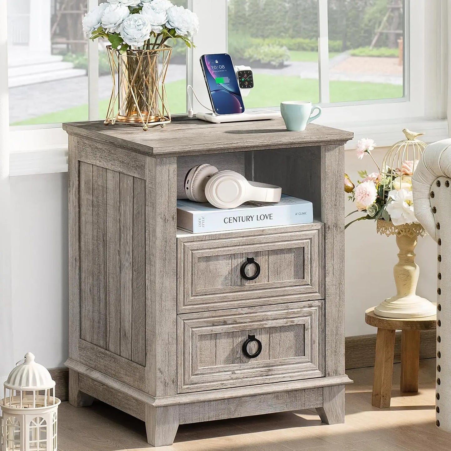 Farmhouse Night Stands Set of 2 With Charging Station and 2 Drawers