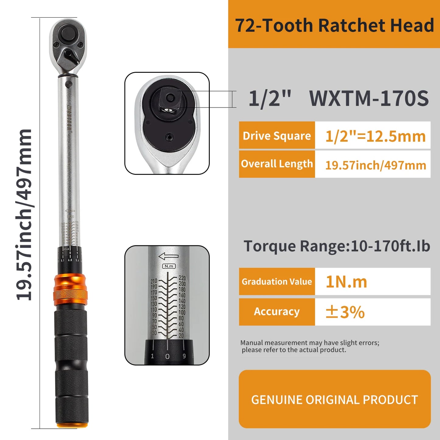 WAXTRON Torque Wrench 1-220 Nm High Precision 3 Drive Sizes