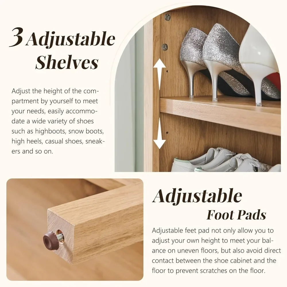 71" Tall Arched Shoe Storage Cabinet, 8 Tiers Holds 16 Pairs, Adjustable Shelves for Entryway Hallway Living Room
