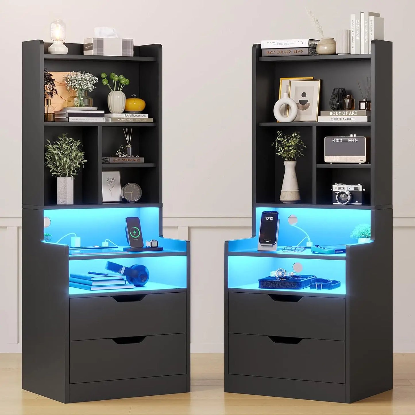 Nightstand Set With Charging Station Bookshelf and Led Lights