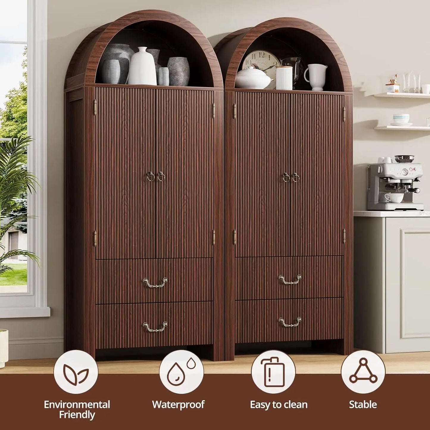 Arched Tall Kitchen Pantry Cabinet With Two Drawers And Shelves
