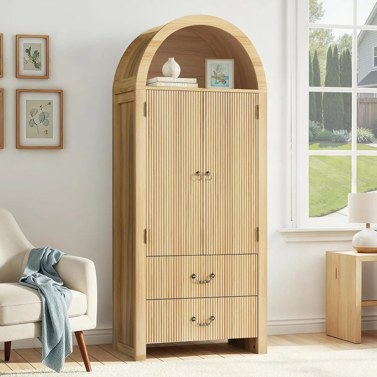 Arched Tall Kitchen Pantry Cabinet With Two Drawers And Shelves
