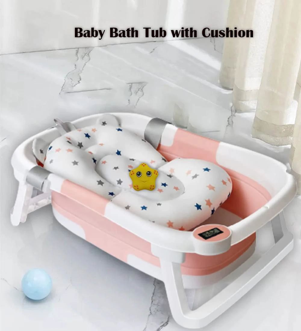 Foldable Baby Bath Tub With Non Slip Cushion And Thermometer