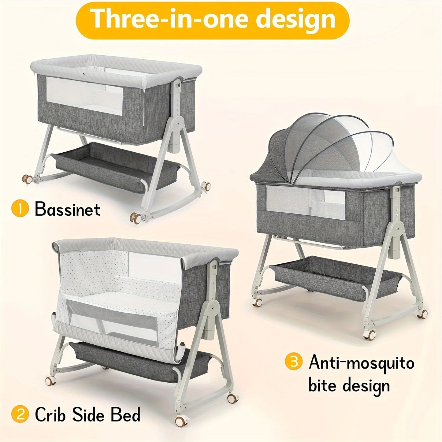 Baby Bassinet Bedside Sleeper 3 In 1 With Wheels Portable