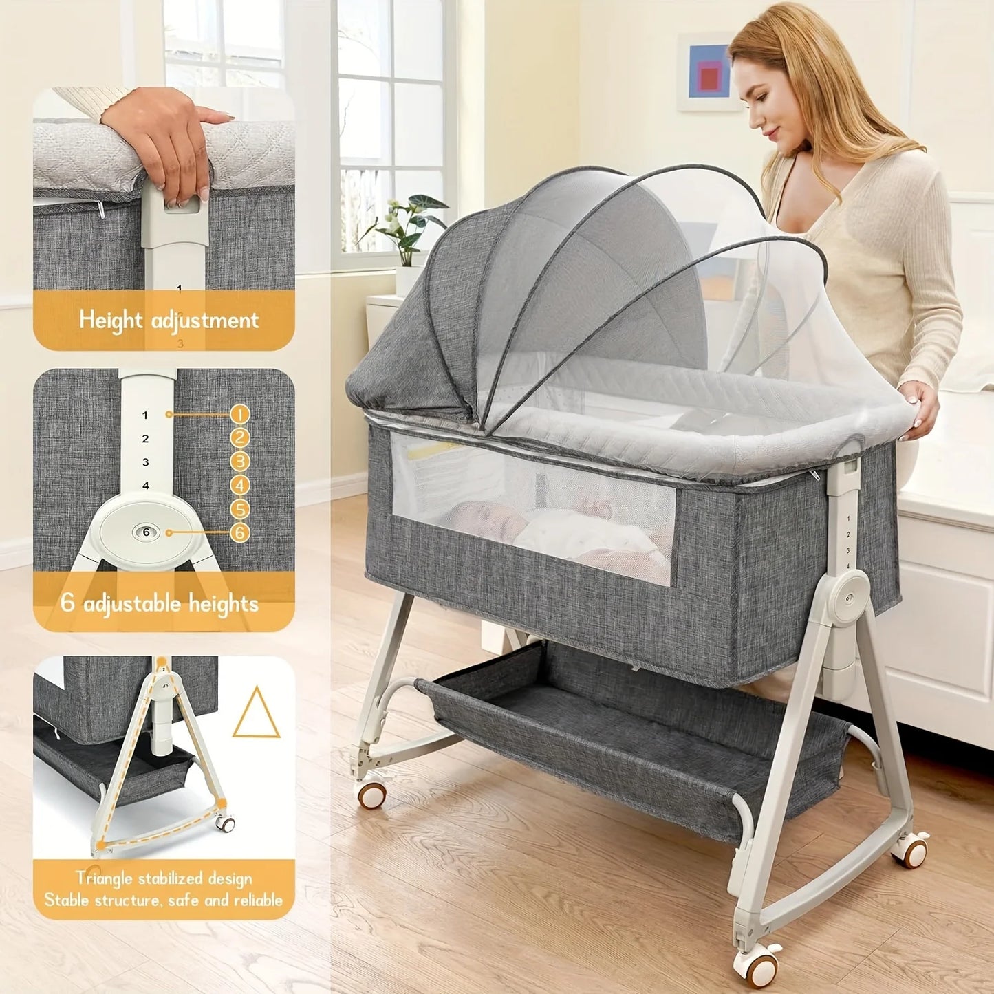 Baby Bassinet Bedside Sleeper 3 In 1 With Wheels Portable