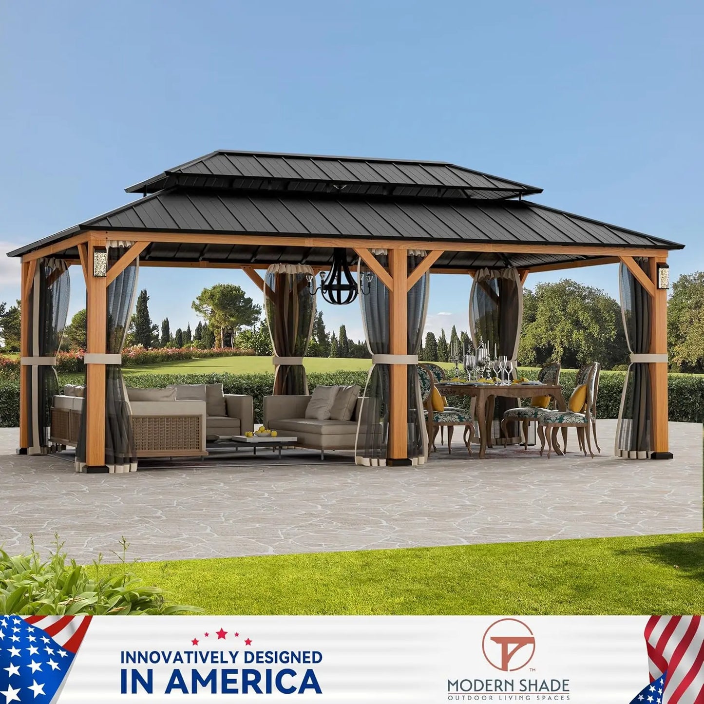 Modern Shade The Horizon Hardtop Gazebo 12' x 20' with 4 LED Lights, Permanent Outdoor Gazebo with Galvanized Steel Double Roof,