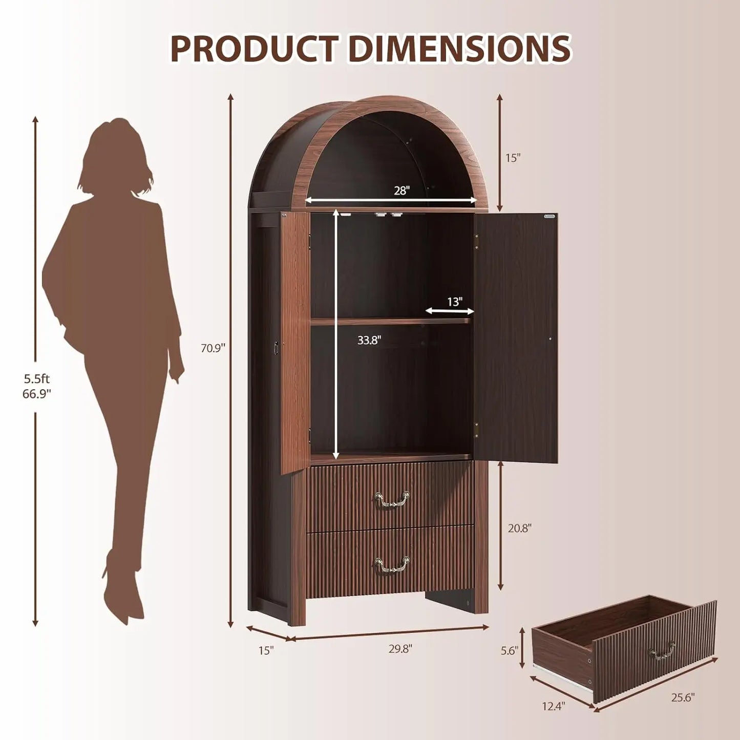 Arched Tall Kitchen Pantry Cabinet With Two Drawers And Shelves