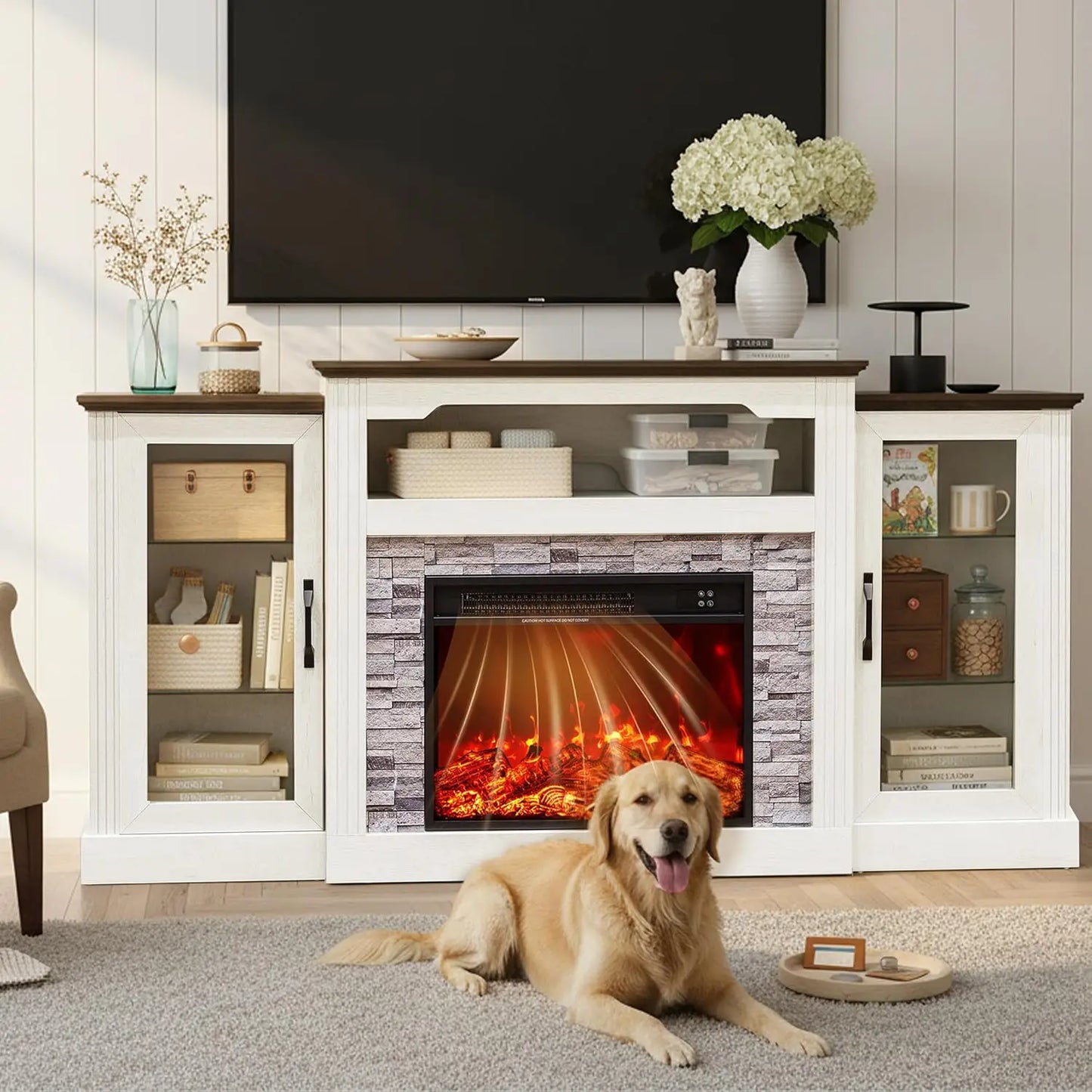 Electric Fireplace With Mantel TV Stand Farmhouse Style Entertainment Console