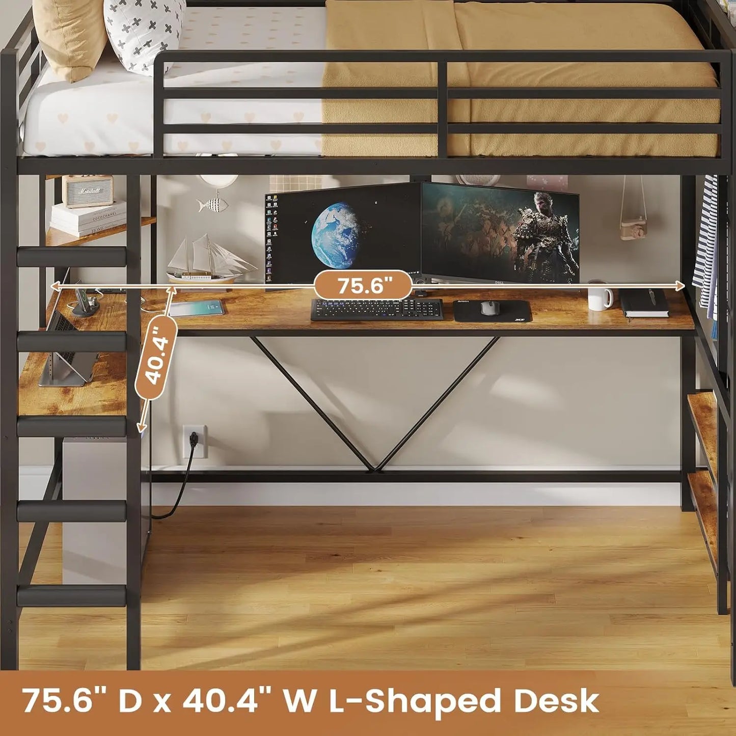 Loft Bed With Hall Tree And Desk LED Lighting System