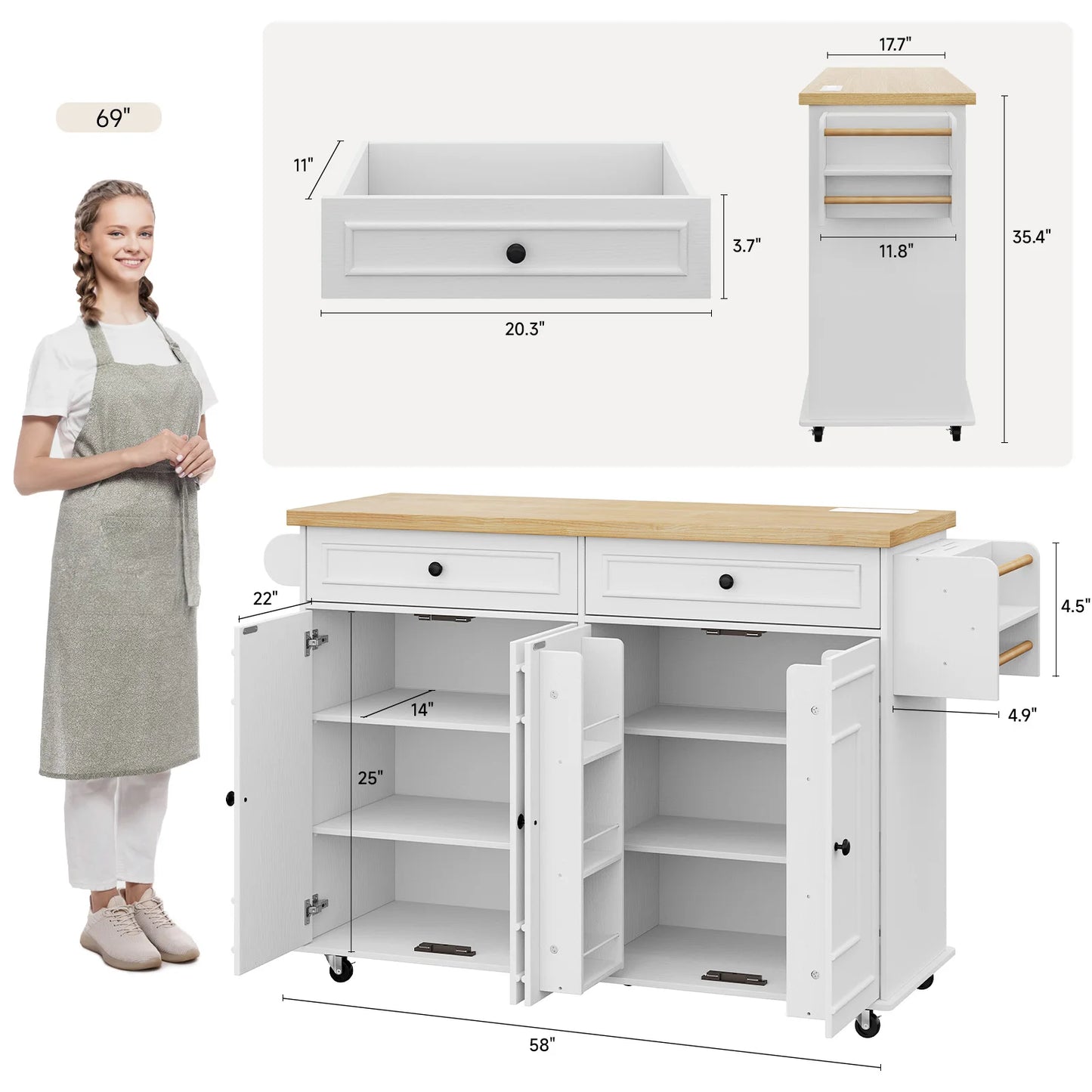 Mobile Kitchen Island Cart With Drop Leaf Outlet Spice Rack