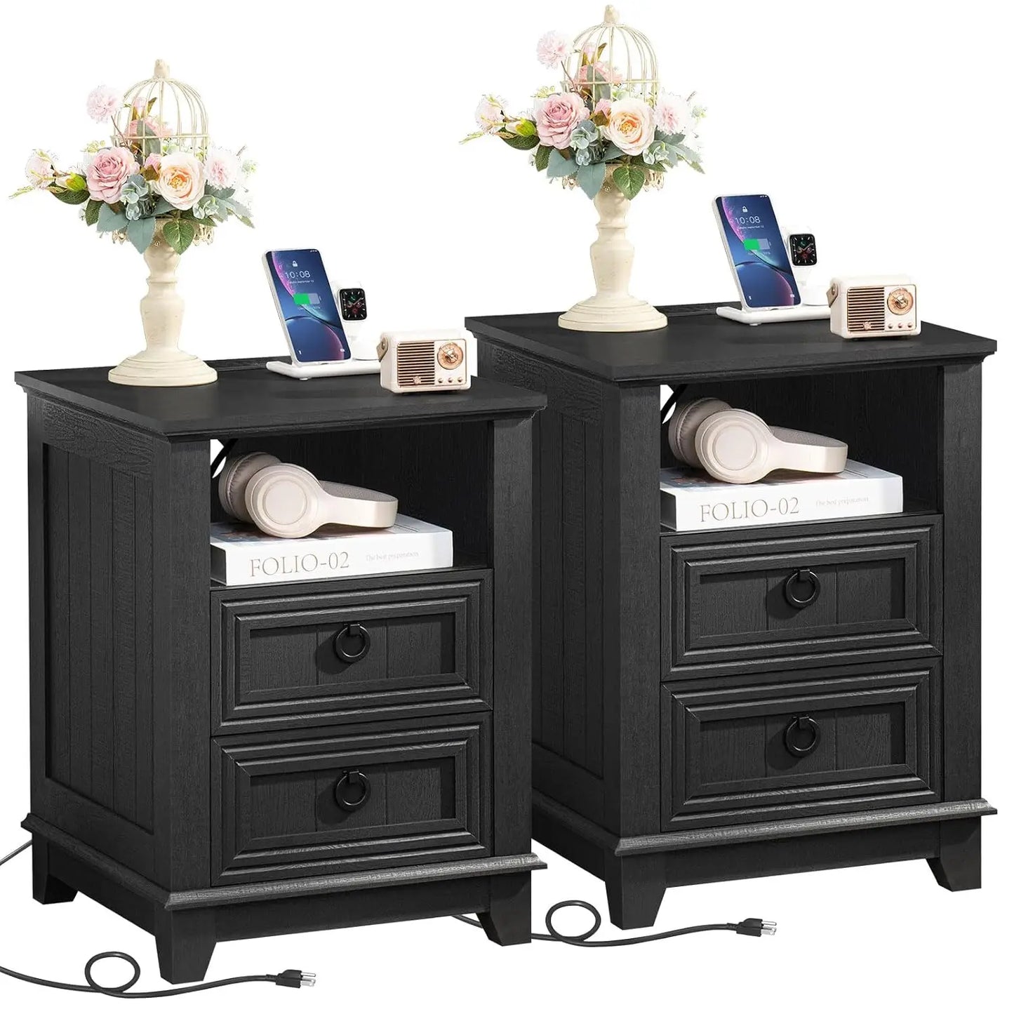 Farmhouse Night Stands Set of 2 With Charging Station and 2 Drawers
